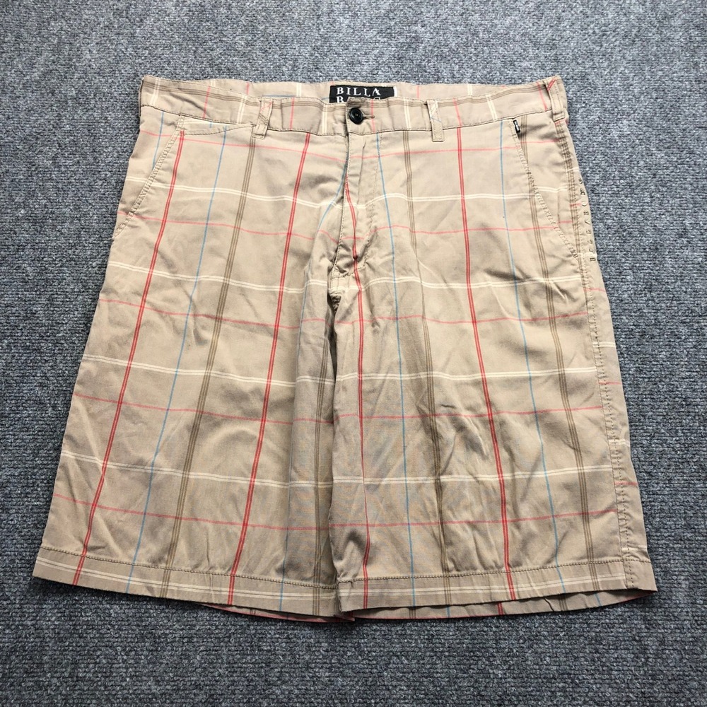 Billabong Mens Plaid Walk Shorts Khaki Tan Red Blue Size 36 Casual Surf
